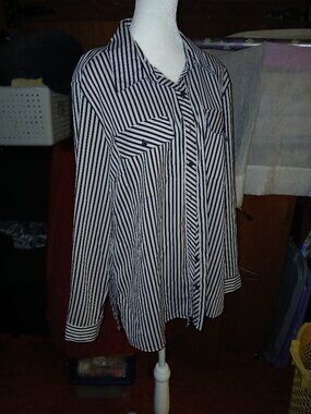 Women's XL Notations Long Sleeve Striped Black & White Blouse Button Down Shirt